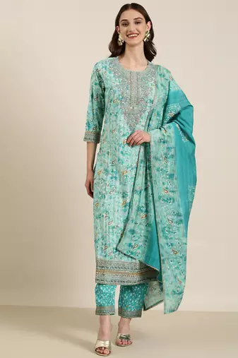 Showoff women's round neck paisley foil print turquoise blue straight kurta and trouser with dupatta