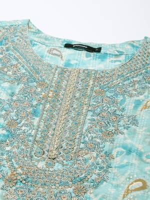 Showoff women's round neck paisley foil print turquoise blue straight kurta and trouser with dupatta 3