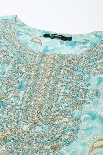 Showoff women's round neck paisley foil print turquoise blue straight kurta and trouser with dupatta
