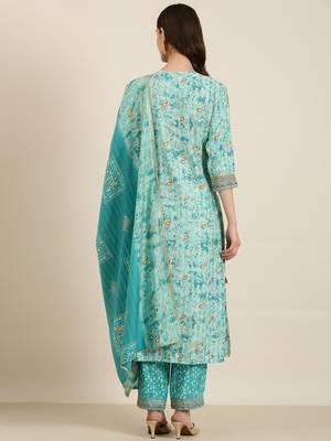 Showoff women's round neck paisley foil print turquoise blue straight kurta and trouser with dupatta 4