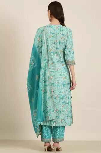 Showoff women's round neck paisley foil print turquoise blue straight kurta and trouser with dupatta