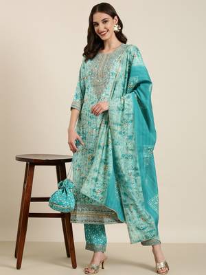 Showoff women's round neck paisley foil print turquoise blue straight kurta and trouser with dupatta 5