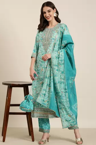 Showoff women's round neck paisley foil print turquoise blue straight kurta and trouser with dupatta