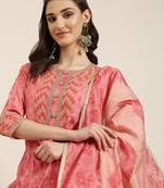 women's round neck striped foil print coral straight kurta and trouser with dupatta