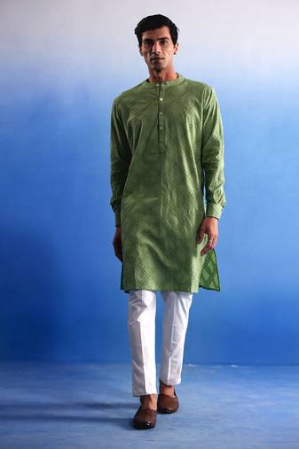 Men'S Green Cotton Kurta Pyjama Set