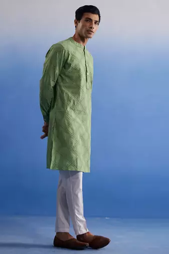 Green Cotton Kurta Pyjama Set