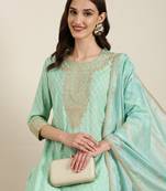 women's round neck bandhani foil print sea green straight kurta and trouser with dupatta