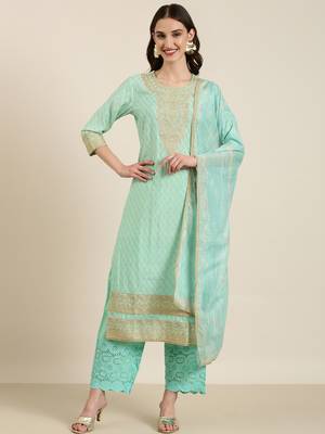 women's round neck bandhani foil print sea green straight kurta and trouser with dupatta 2