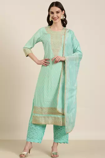 women's round neck bandhani foil print sea green straight kurta and trouser with dupatta