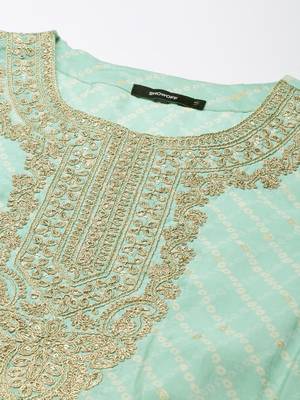 women's round neck bandhani foil print sea green straight kurta and trouser with dupatta 3