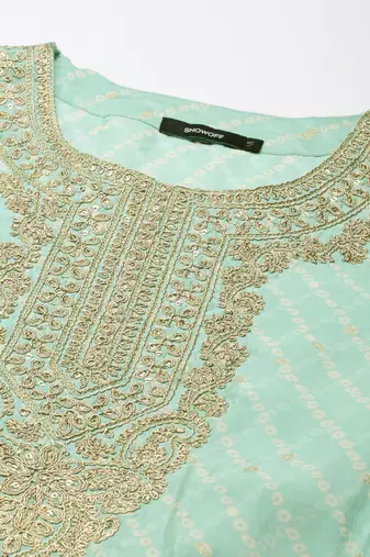 women's round neck bandhani foil print sea green straight kurta and trouser with dupatta