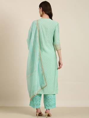 women's round neck bandhani foil print sea green straight kurta and trouser with dupatta 4
