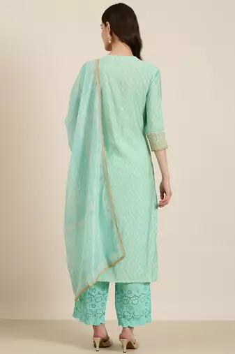 women's round neck bandhani foil print sea green straight kurta and trouser with dupatta