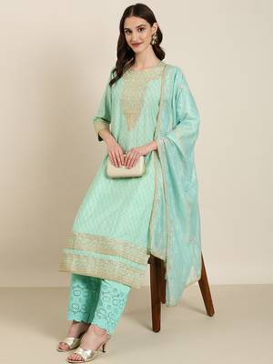 women's round neck bandhani foil print sea green straight kurta and trouser with dupatta 5