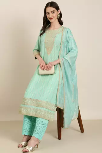 women's round neck bandhani foil print sea green straight kurta and trouser with dupatta