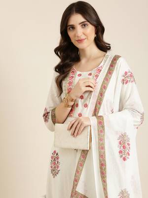 women's round neck floral foil print off white straight kurta and trouser with dupatta 1