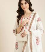 women's round neck floral foil print off white straight kurta and trouser with dupatta