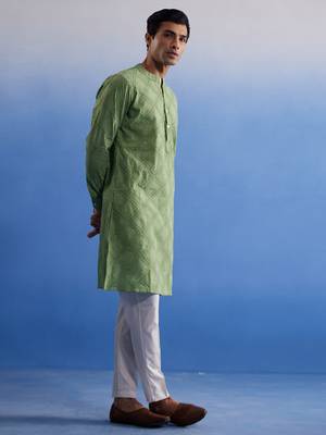 Green Cotton Kurta Pyjama Set 2