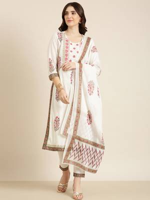 women's round neck floral foil print off white straight kurta and trouser with dupatta 2