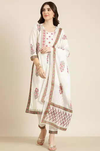 women's round neck floral foil print off white straight kurta and trouser with dupatta