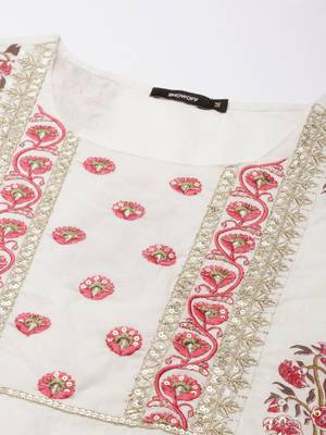 women's round neck floral foil print off white straight kurta and trouser with dupatta 3