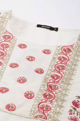 women's round neck floral foil print off white straight kurta and trouser with dupatta