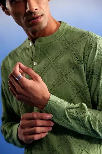 Green Cotton Kurta Pyjama Set