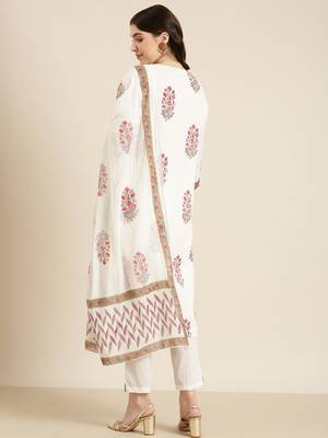 women's round neck floral foil print off white straight kurta and trouser with dupatta 4