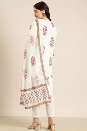 women's round neck floral foil print off white straight kurta and trouser with dupatta