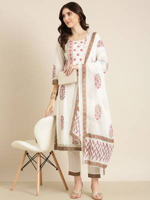 women's round neck floral foil print off white straight kurta and trouser with dupatta 5