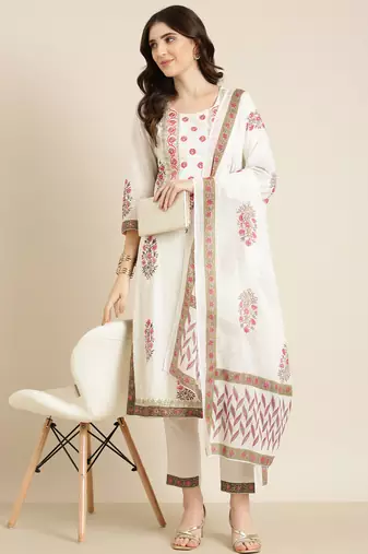 women's round neck floral foil print off white straight kurta and trouser with dupatta