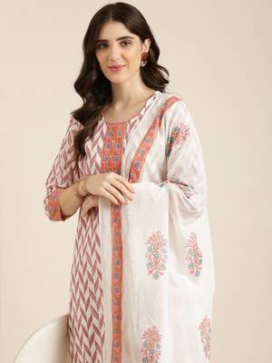 women's round neck floral foil print off white straight kurta and trouser with dupatta 1