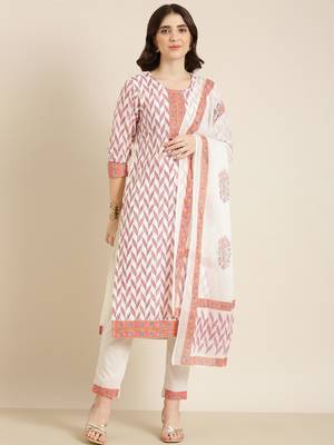 women's round neck floral foil print off white straight kurta and trouser with dupatta 2