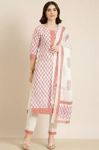 women's round neck floral foil print off white straight kurta and trouser with dupatta