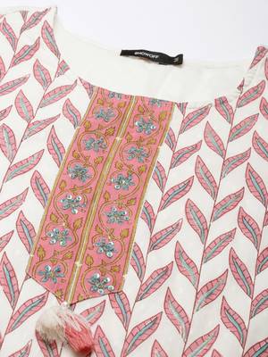women's round neck floral foil print off white straight kurta and trouser with dupatta 3