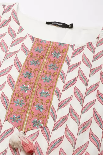 women's round neck floral foil print off white straight kurta and trouser with dupatta