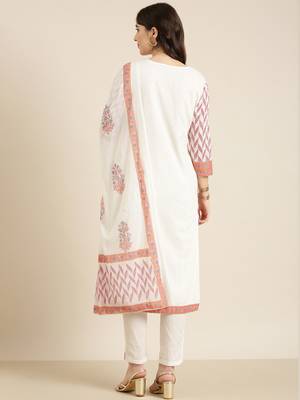 women's round neck floral foil print off white straight kurta and trouser with dupatta 4