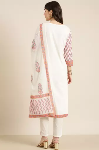 women's round neck floral foil print off white straight kurta and trouser with dupatta
