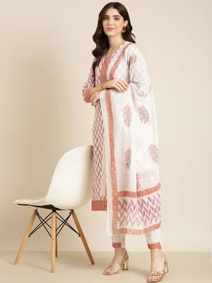 women's round neck floral foil print off white straight kurta and trouser with dupatta 5