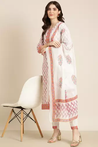 women's round neck floral foil print off white straight kurta and trouser with dupatta