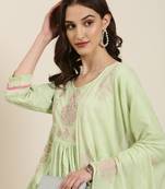 women's round neck floral green anarkali kurta and trouser with dupatta