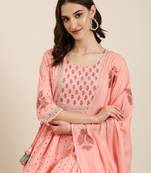 women's round neck floral peach anarkali kurta and trouser with dupatta