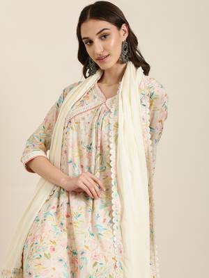 women's v-neck floral foil print cream a-line kurta and trouser with dupatta 1
