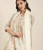 women's v-neck floral foil print cream a-line kurta and trouser with dupatta