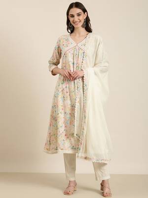 women's v-neck floral foil print cream a-line kurta and trouser with dupatta 2