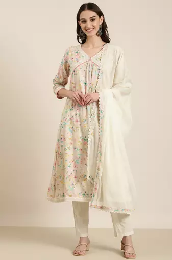 women's v-neck floral foil print cream a-line kurta and trouser with dupatta
