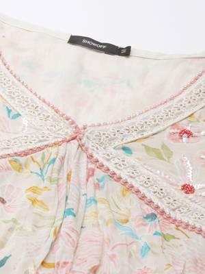 women's v-neck floral foil print cream a-line kurta and trouser with dupatta 3