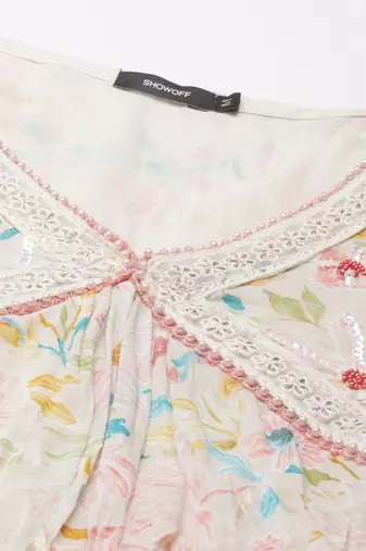 women's v-neck floral foil print cream a-line kurta and trouser with dupatta