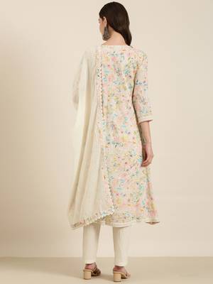 women's v-neck floral foil print cream a-line kurta and trouser with dupatta 4