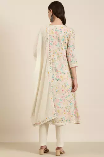 women's v-neck floral foil print cream a-line kurta and trouser with dupatta